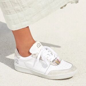 Loeffler Randall White Leather Sneakers with Silver Trim and Multicolor Jewel